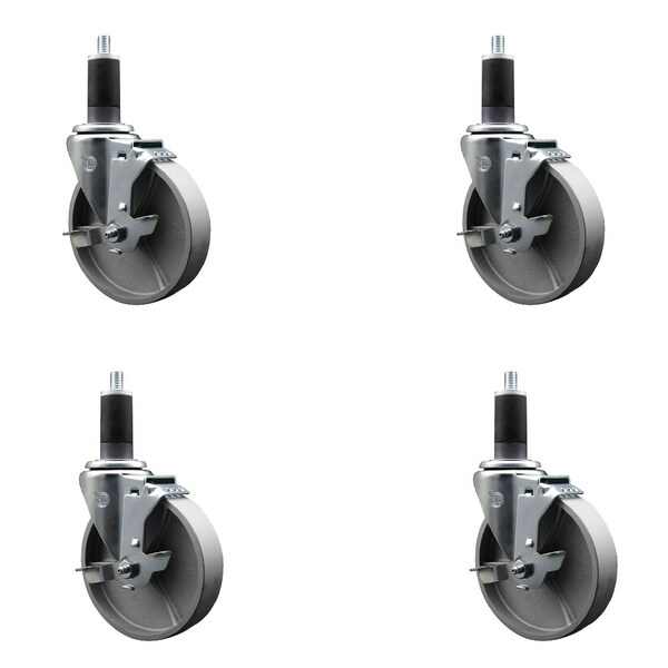 Service Caster 5'' Semi Steel Swivel 1-1/4'' Expanding Stem Caster Set with Brake, 4PK SCC-EX20S515-SSR-TLB-114-4 - main